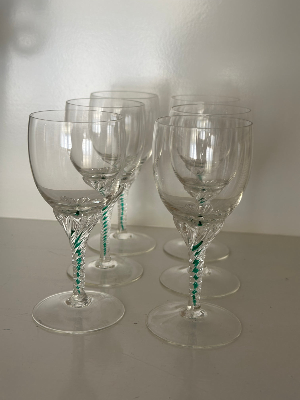 Vintage kleine Glazen met Groene Spiraal – Set van 6