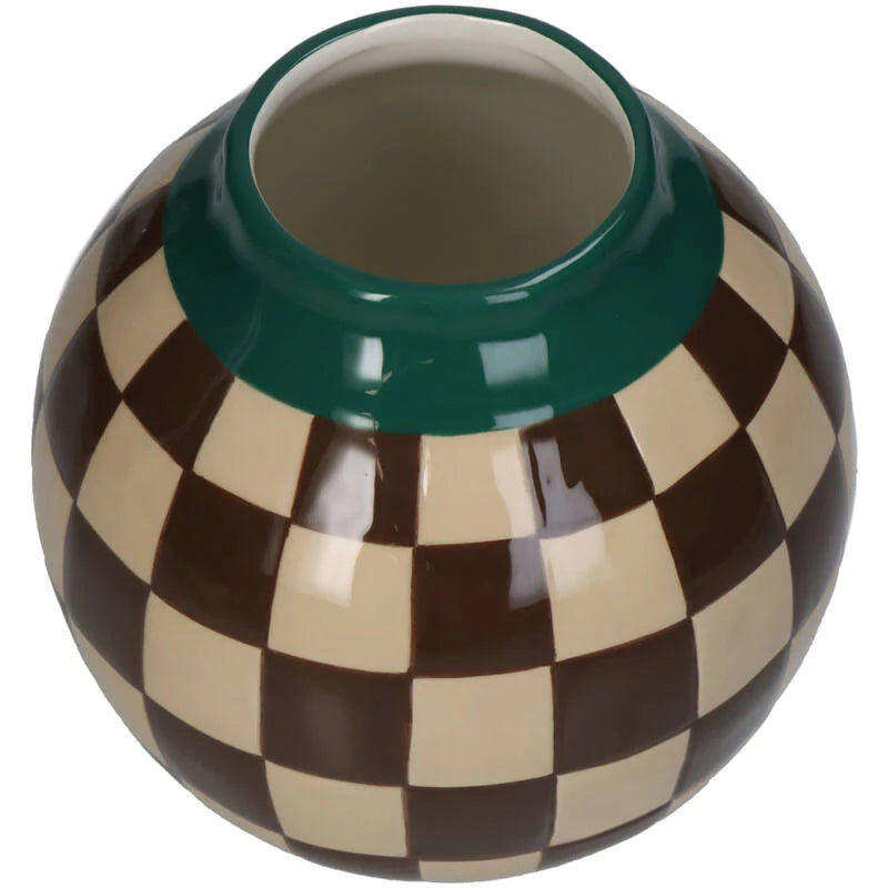 Vaas geruit bruin, groenen beige 16 cm - RUBY Conceptstore
