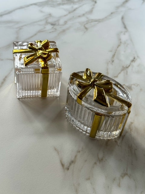 Glazen Vierkante Opbergdoosje met Gouden Strik - RUBY Conceptstore