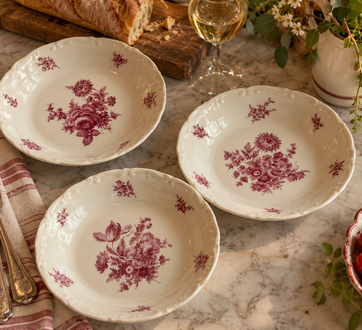 Vintage Franse Diepe Borden met Roze Bloemen – Set van 3