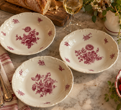 Vintage Franse Diepe Borden met Roze Bloemen – Set van 3
