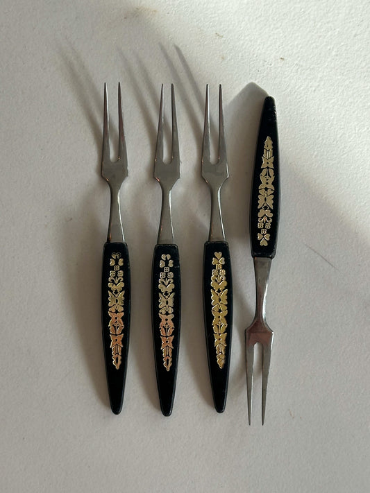 Vintage Cocktailprikkers / Tapasvorkjes Set van 4 – Zwart & Goud Retro - Ruby Conceptstore 