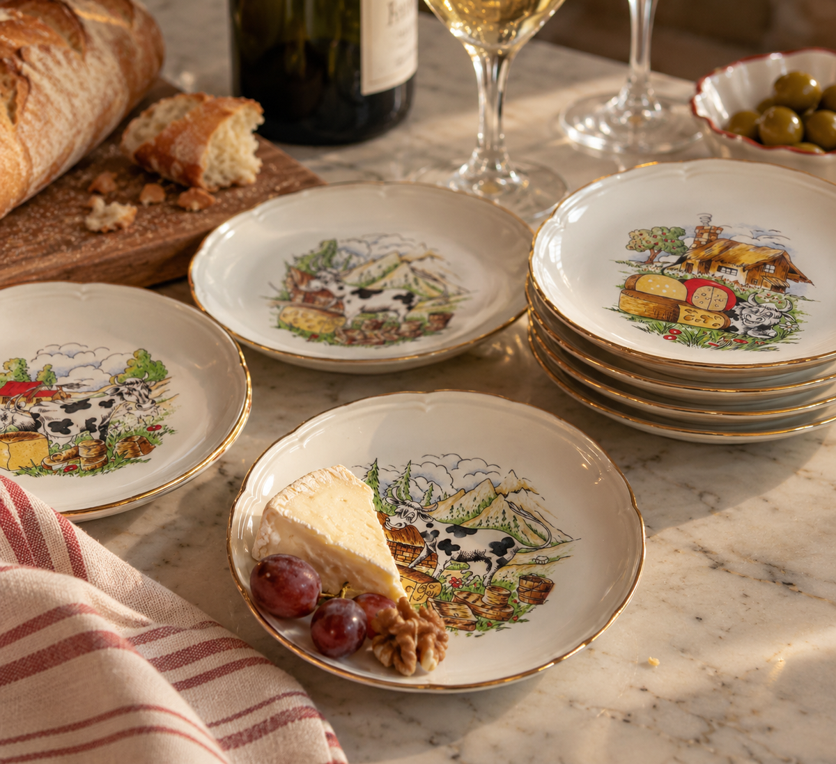 Vintage Franse Kaasbordjes Moulin des Loups – Set van 7