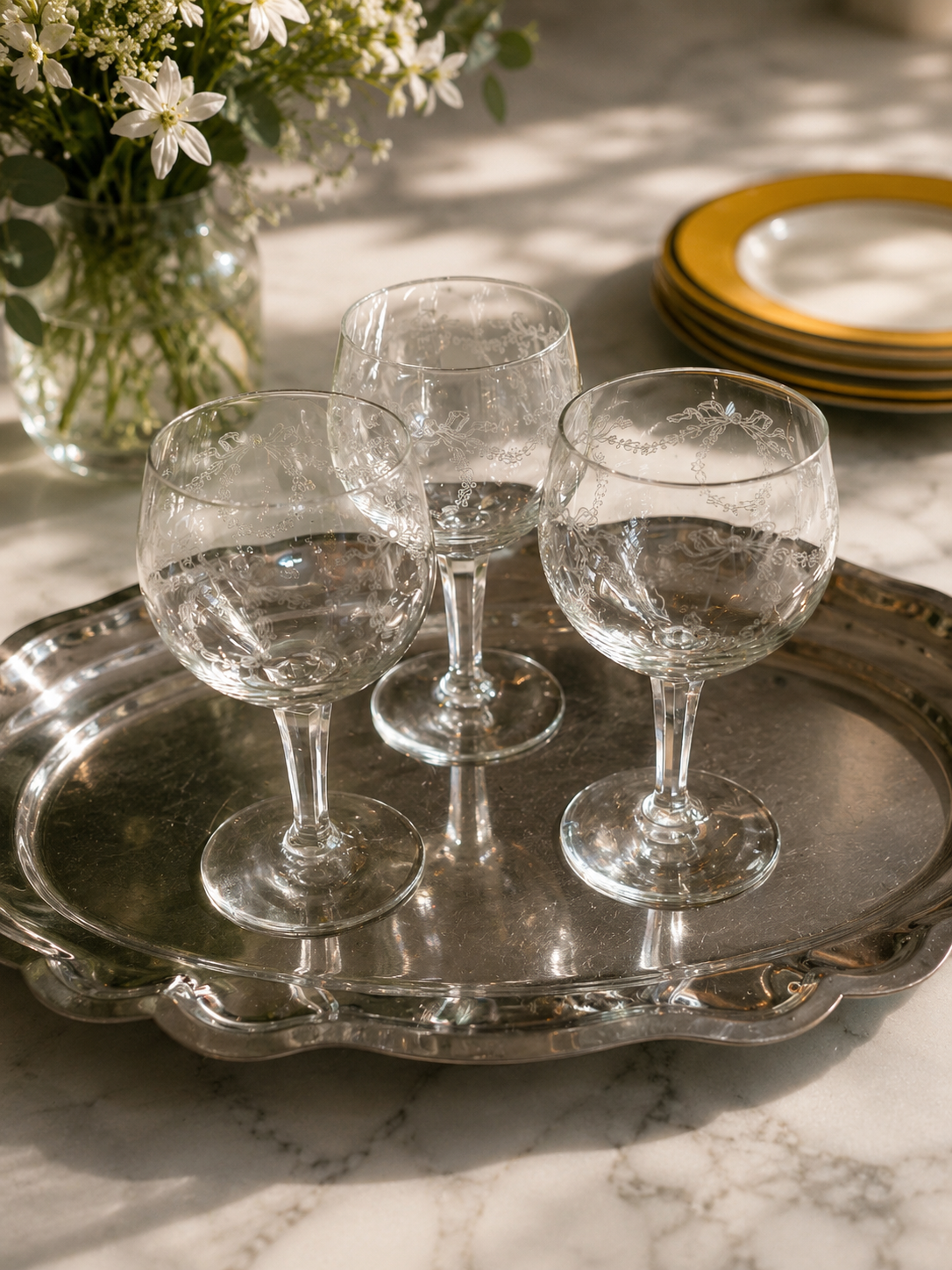 Vintage Wijnglazen met Geëtste Strikken – Set van 3 - Ruby Conceptstore 