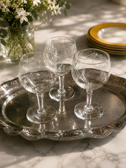 Vintage Wijnglazen met Geëtste Strikken – Set van 3 - Ruby Conceptstore 