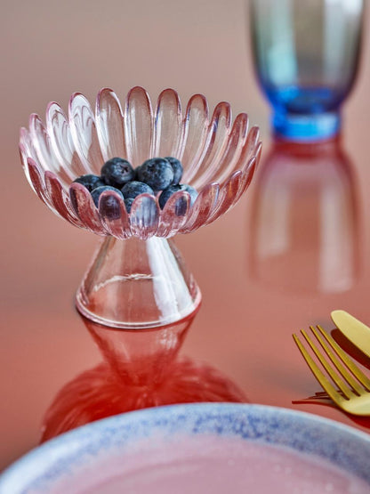 Roze glazen schaal op voet – bloemvormig design