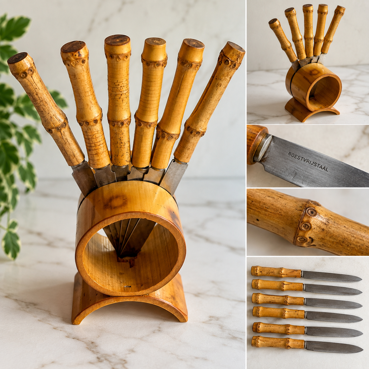 Vintage RVS messen met bamboe handvat & houder – set van 6