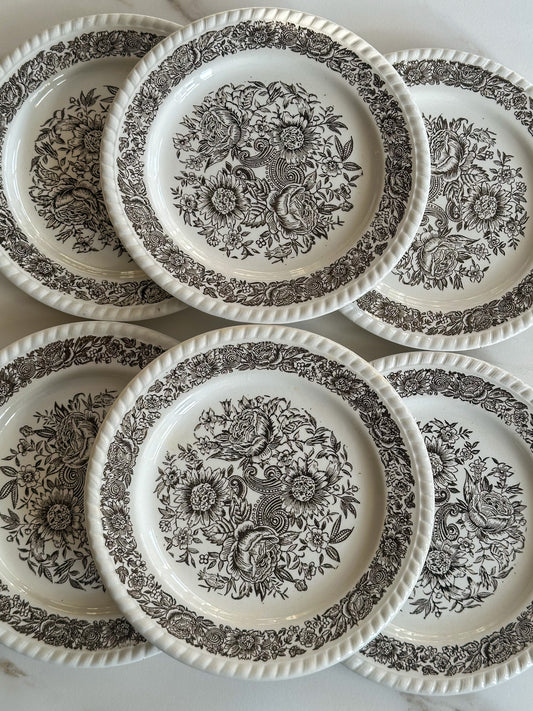 Vintage Marron borden met Bloemenprint - Set van 6 - Frans Servies - Ruby Conceptstore 