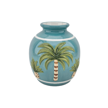 Blauwe vaas met palmen H15cm