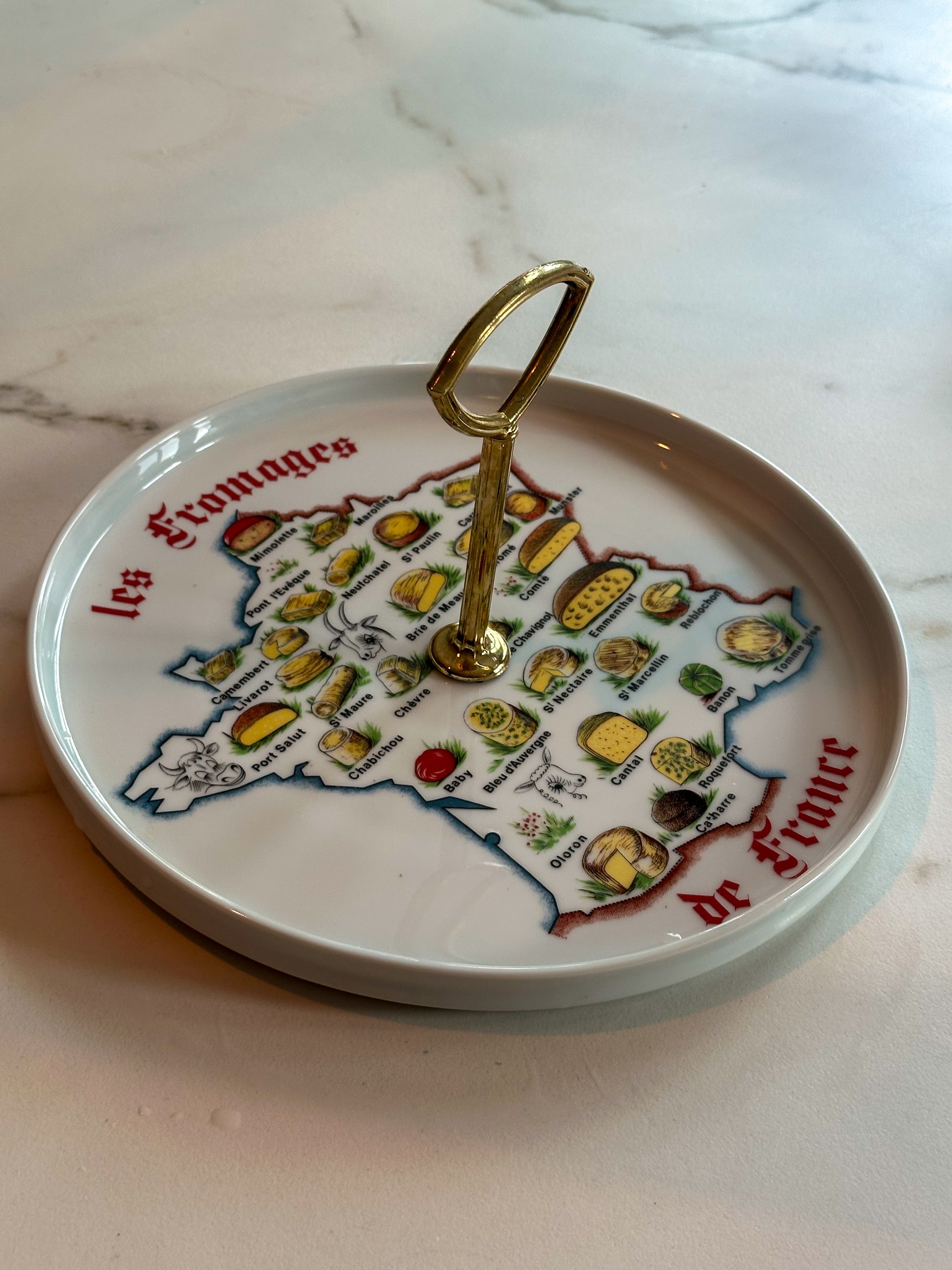 Vintage Frans Kaasbord met Handvat – Porselein “Les Fromages de France” – L’Hirondelle - Ruby Conceptstore 