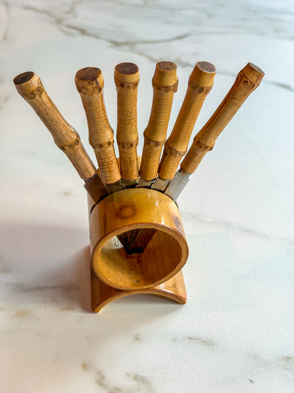 Vintage RVS messen met bamboe handvat & houder – set van 6