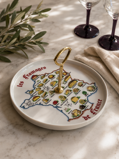 Vintage Frans Kaasbord met Handvat – Porselein “Les Fromages de France” – L’Hirondelle - Ruby Conceptstore 