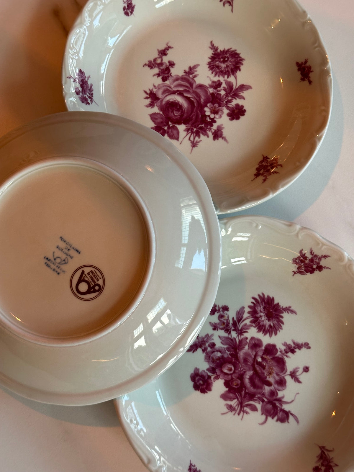 Vintage Franse Diepe Borden met Roze Bloemen – Set van 3