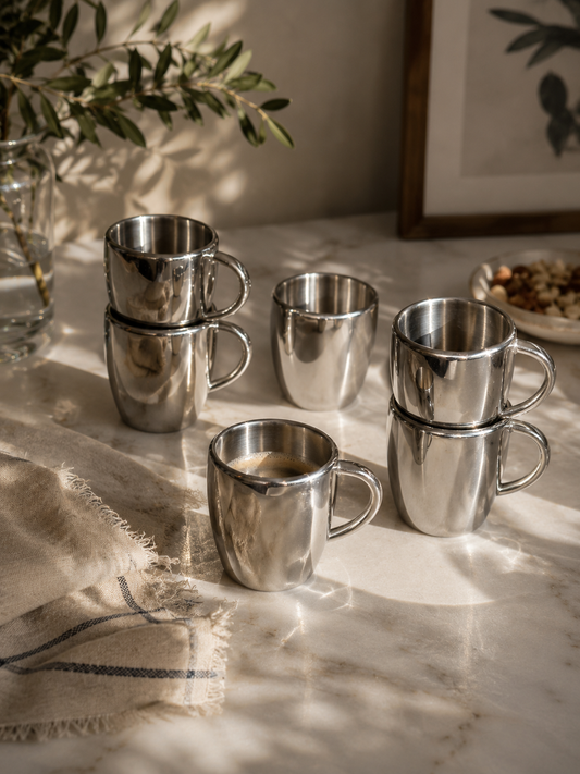Vintage RVS Mokken – Set van 4 – Hotel Chic Stainless Steel Cups