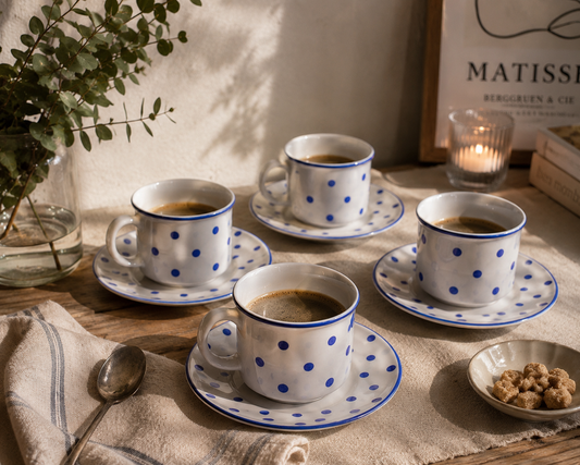 Vintage Blue Dots espresso kopjes set | Pools aardewerk | 4 stuks