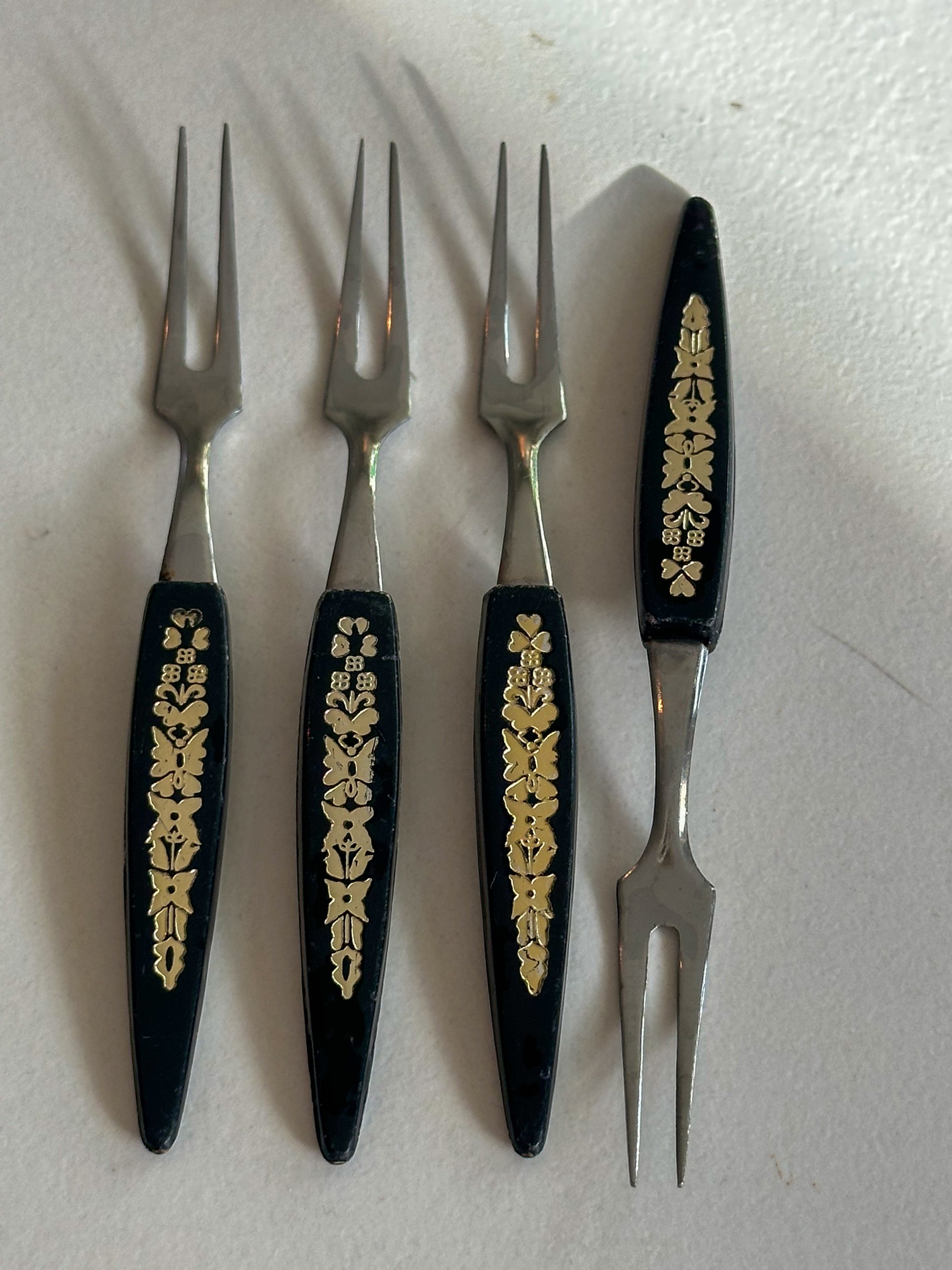 Vintage Cocktailprikkers / Tapasvorkjes Set van 4 – Zwart & Goud Retro - Ruby Conceptstore 