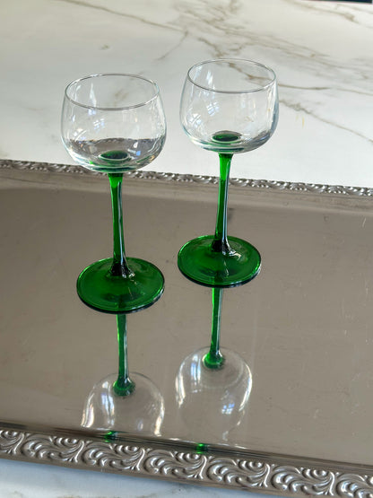 Vintage Luminarc Elzas wijnglazen set van 2 – groene voet – Franse jaren 70 glazen - Ruby Conceptstore 