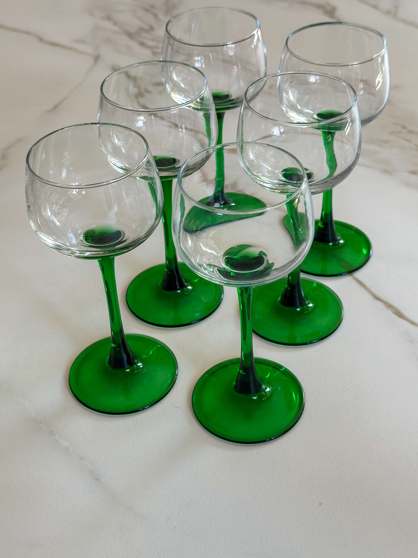 Vintage Luminarc Elzas wijnglazen set van 6 – groene voet – Franse jaren 70 glazen