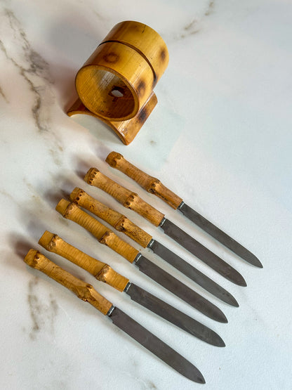 Vintage RVS messen met bamboe handvat & houder – set van 6