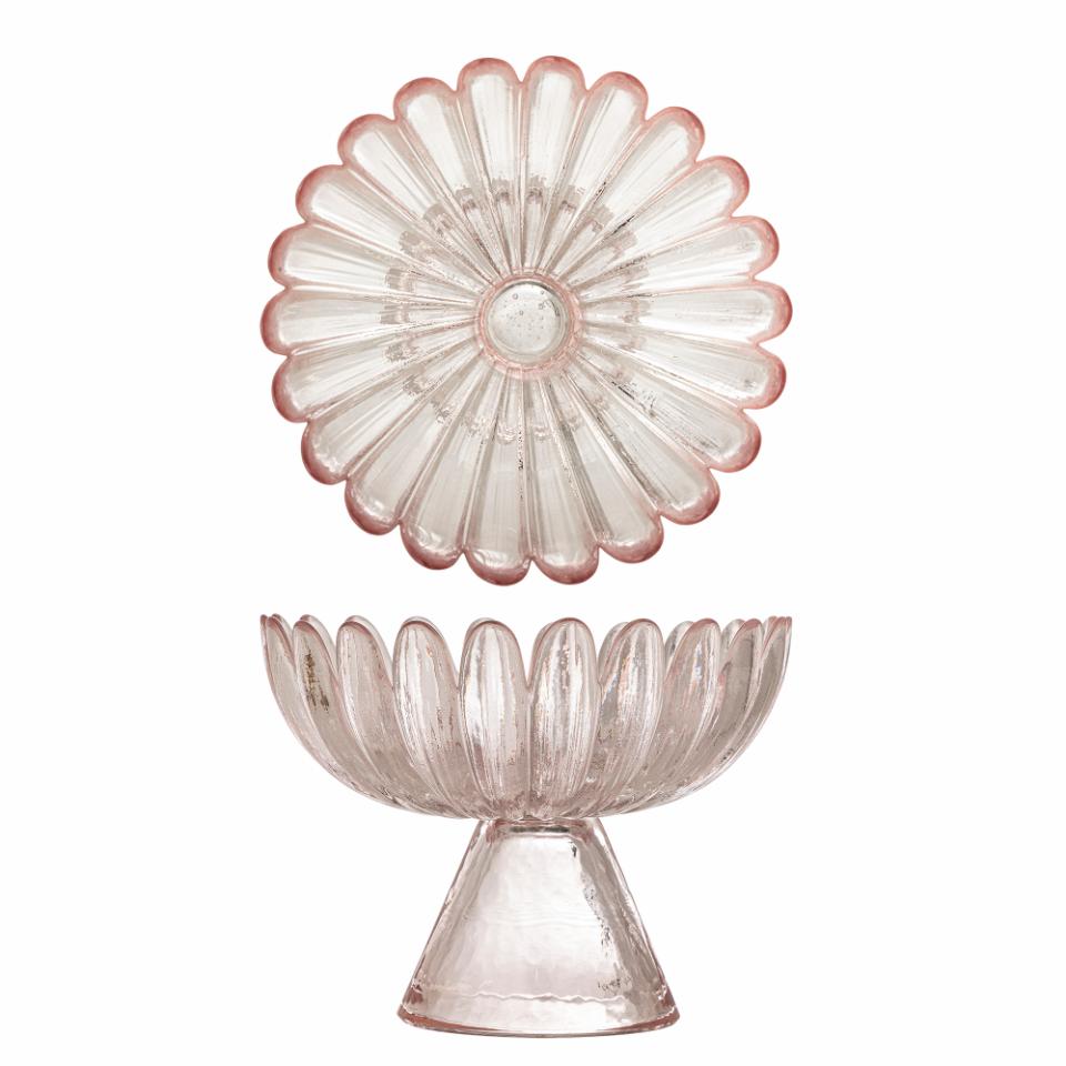 Roze glazen schaal op voet – bloemvormig design