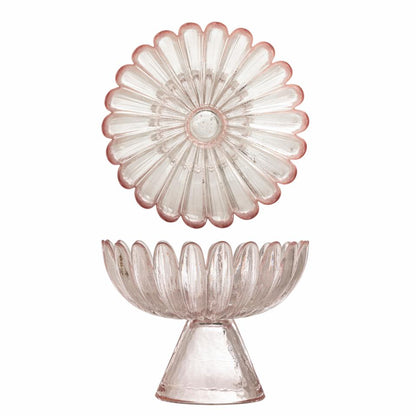 Roze glazen schaal op voet – bloemvormig design