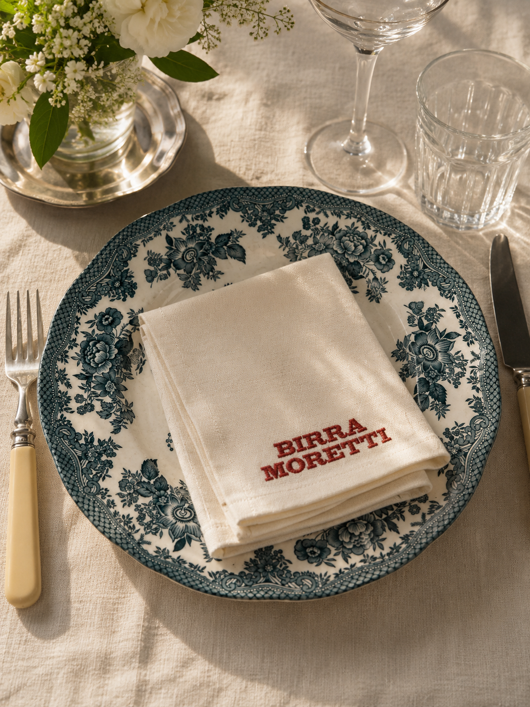 Vintage luxe Katoenen Servetten Birra Moretti – Wit met Rood Logo – Set van 4 - Ruby Conceptstore 