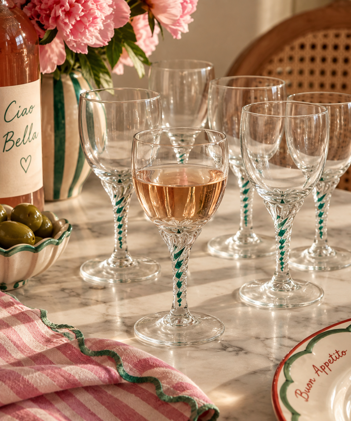 Vintage kleine Glazen met Groene Spiraal – Set van 6