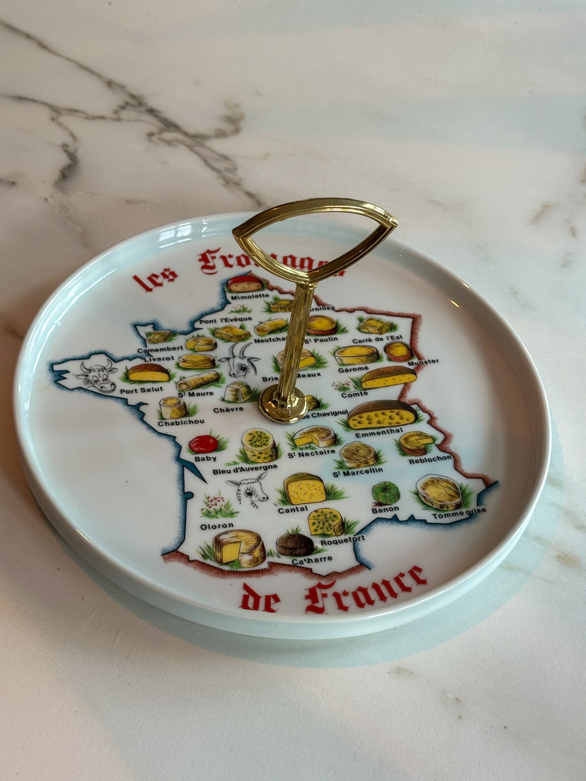 Vintage Frans Kaasbord met Handvat – Porselein “Les Fromages de France” – L’Hirondelle - Ruby Conceptstore 