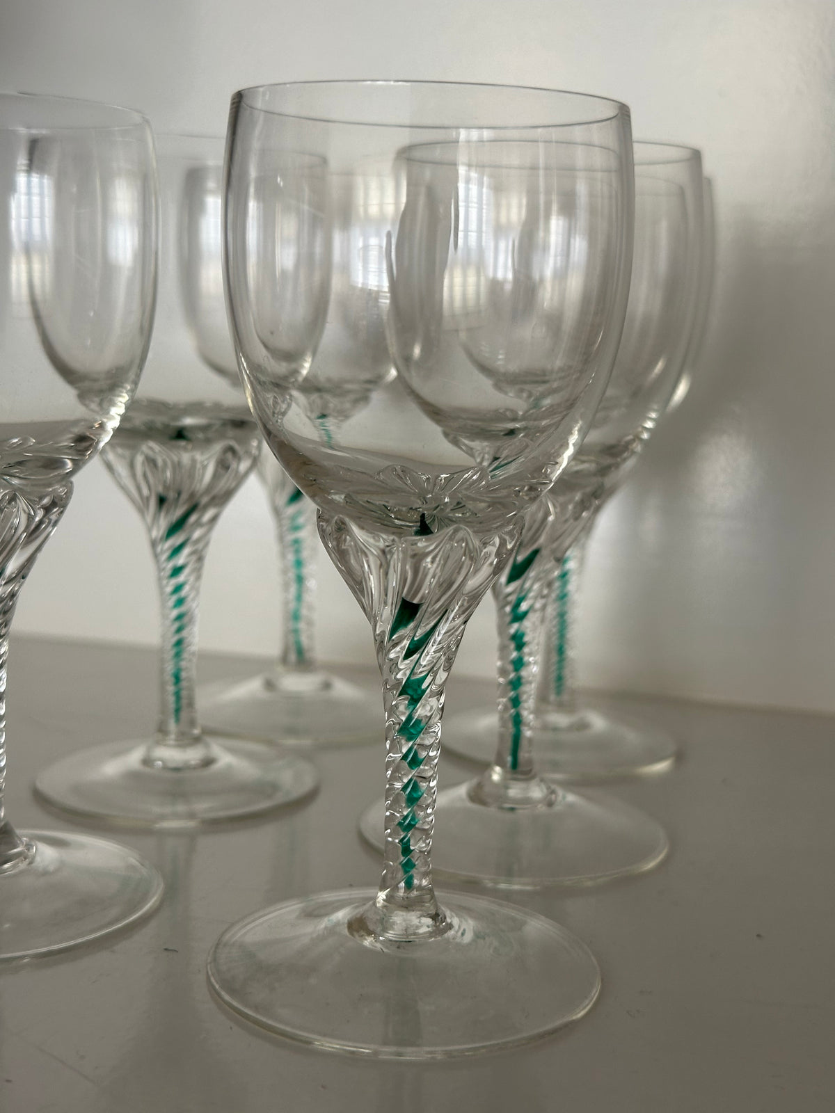 Vintage kleine Glazen met Groene Spiraal – Set van 6