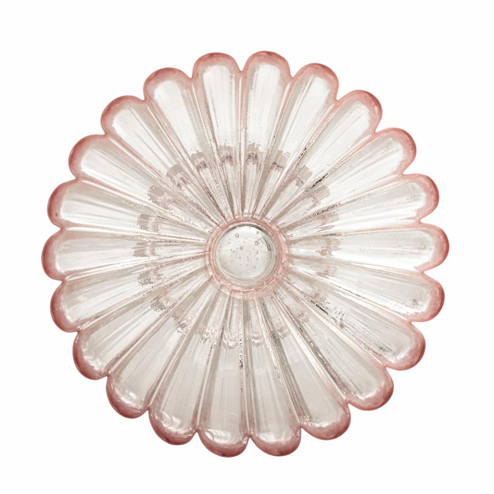 Roze glazen schaal op voet – bloemvormig design