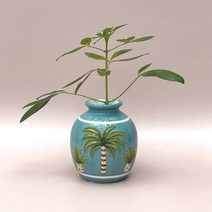 Blauwe vaas met palmen H15cm